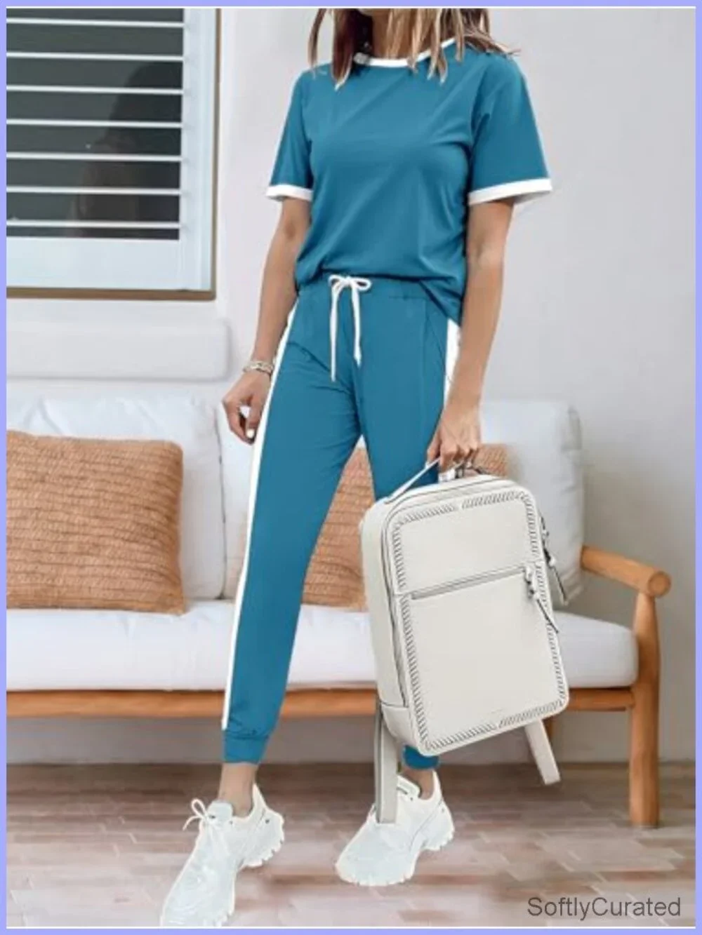 Summer Casual 2 Piece Lounge Set Short Sleeve Top Joggers with Pockets